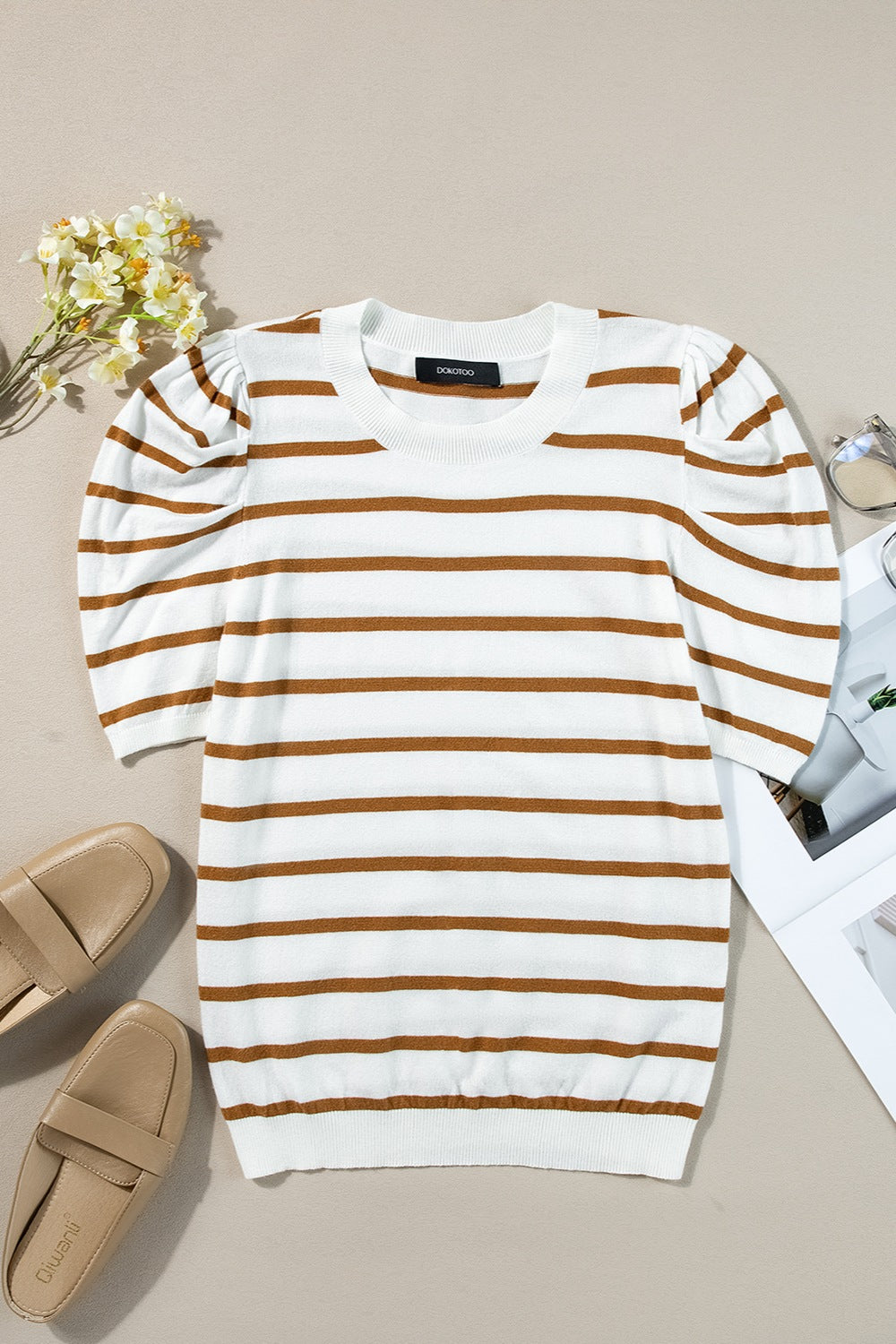 Silverspun Striped Round Neck Puff Sleeve Knit Top