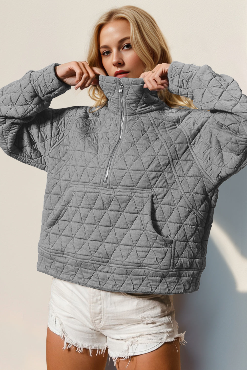 Quinn Double Take Half Zip Long Sleeve Quilted Sweatshirt with Pocket