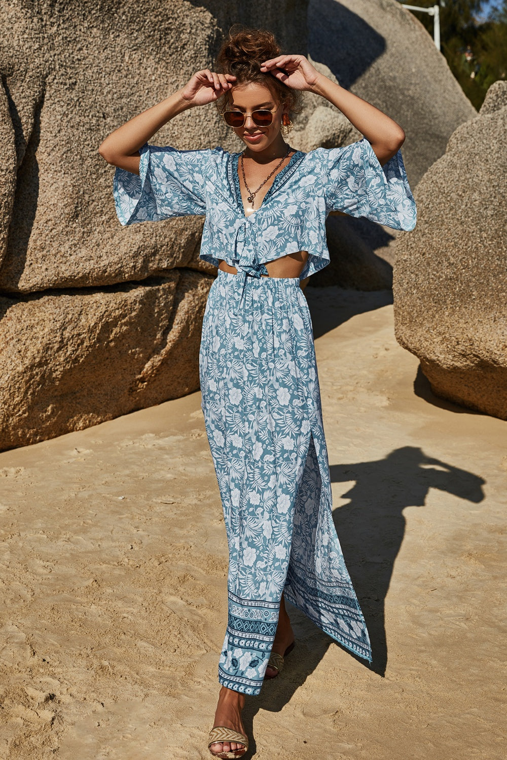 Aquiline Printed Half Sleeve Top and Slit Skirt Set