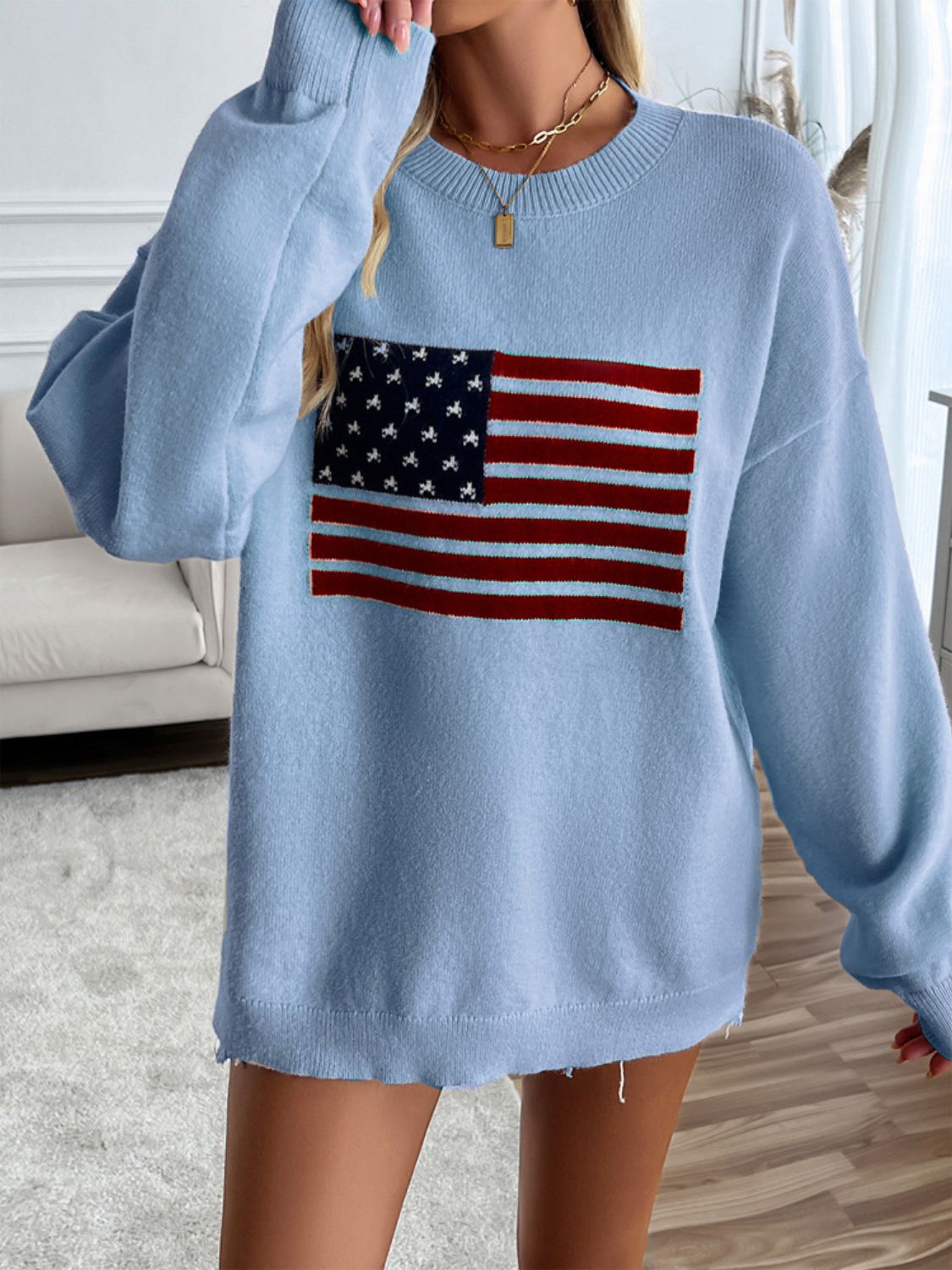 🇺🇸Devin US Flag Round Neck Long Sleeve Knit Top