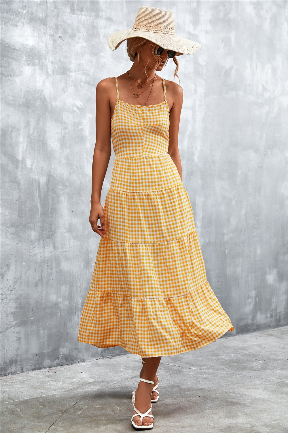 Not Just Any Picnic Plaid Square Neck Midi Cami Dress