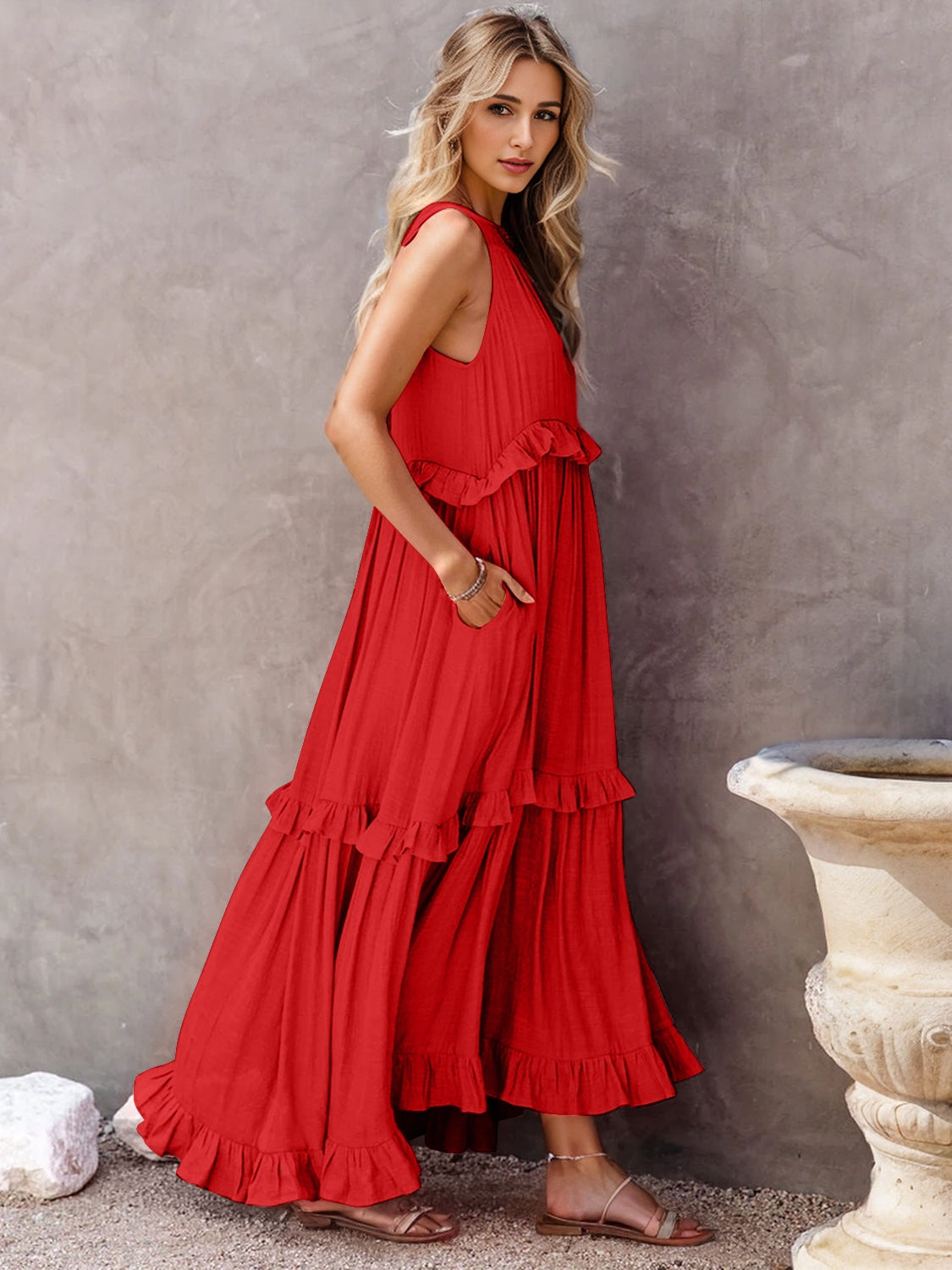 Abby Ruffled Sleeveless Tiered Maxi Dress with Pockets