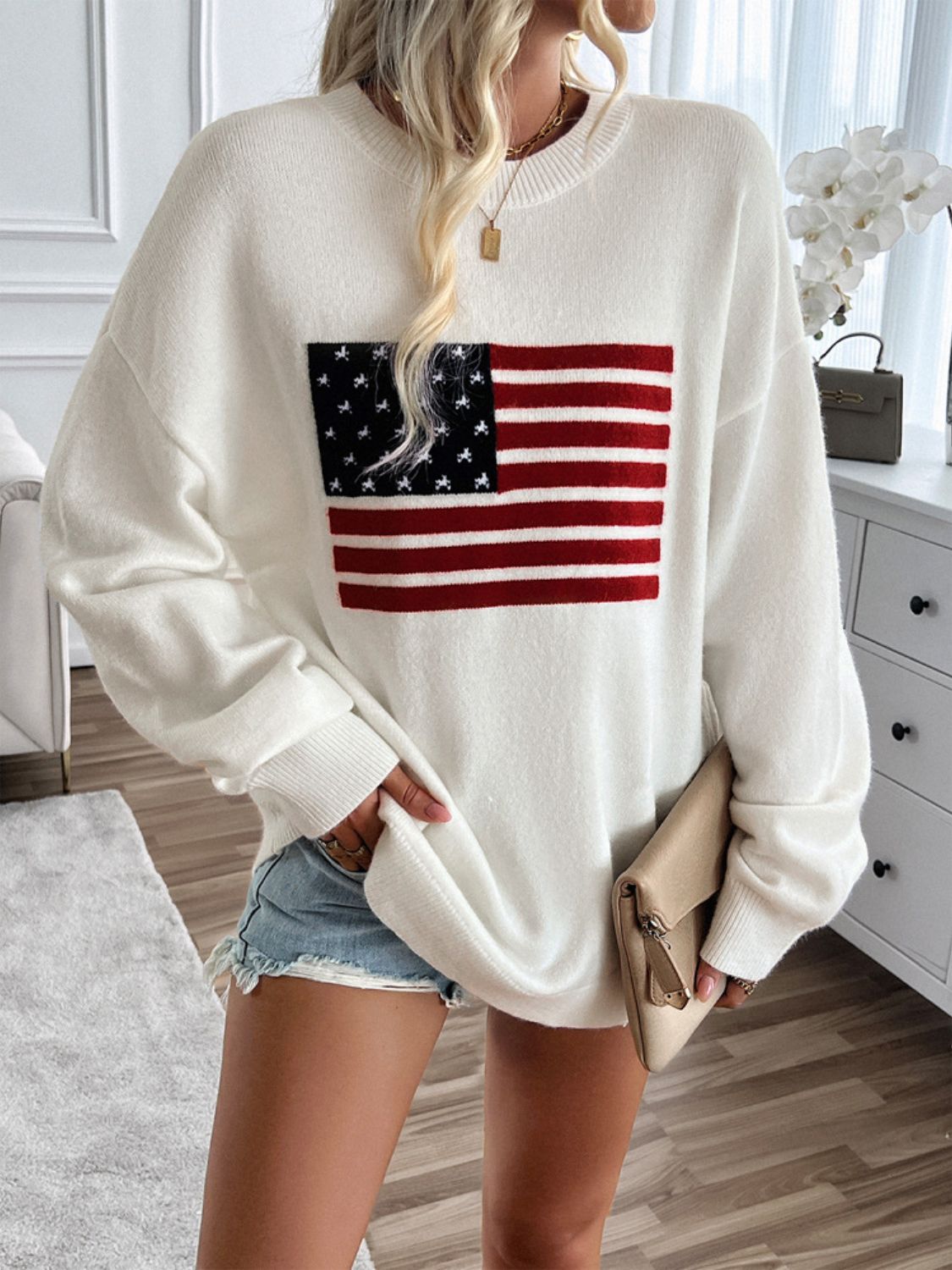 🇺🇸Devin US Flag Round Neck Long Sleeve Knit Top
