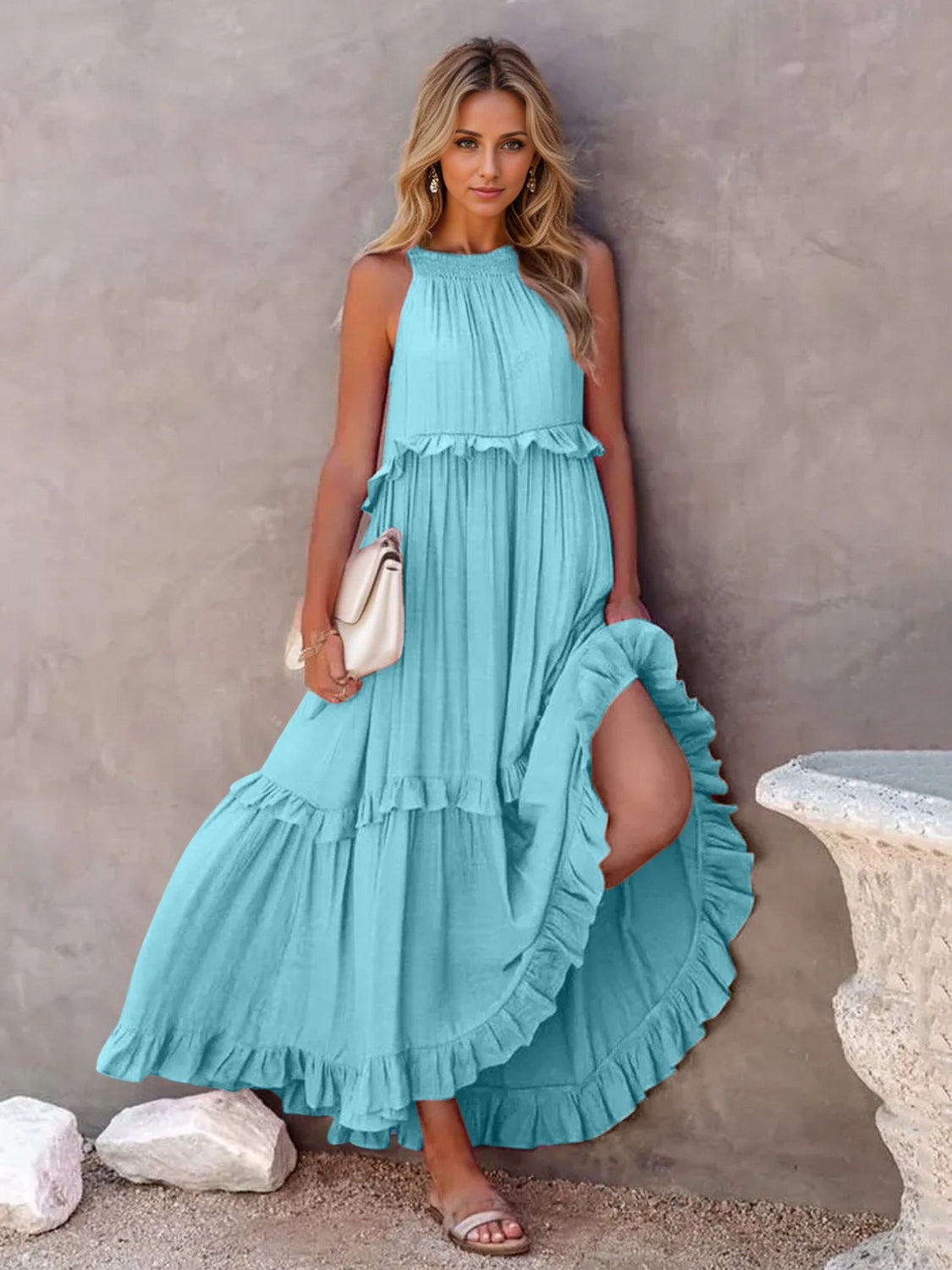 Abby Ruffled Sleeveless Tiered Maxi Dress with Pockets