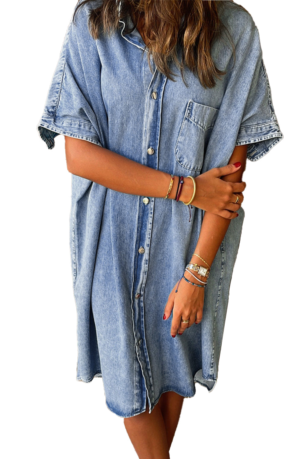 Shera Light Blue Vintage Wash Loose Denim Shirt Dress