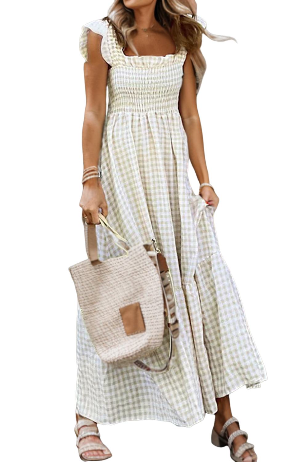 Kaylee Khaki Plaid Ruffled Sleeveless Smocked Maxi Dress