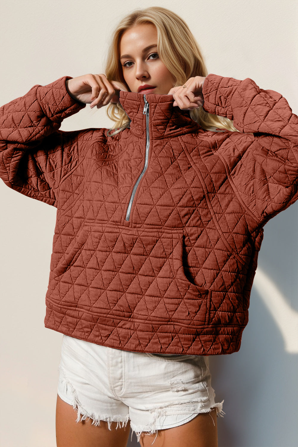 Quinn Double Take Half Zip Long Sleeve Quilted Sweatshirt with Pocket