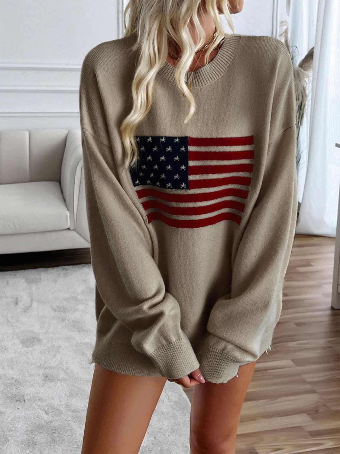 🇺🇸Devin US Flag Round Neck Long Sleeve Knit Top