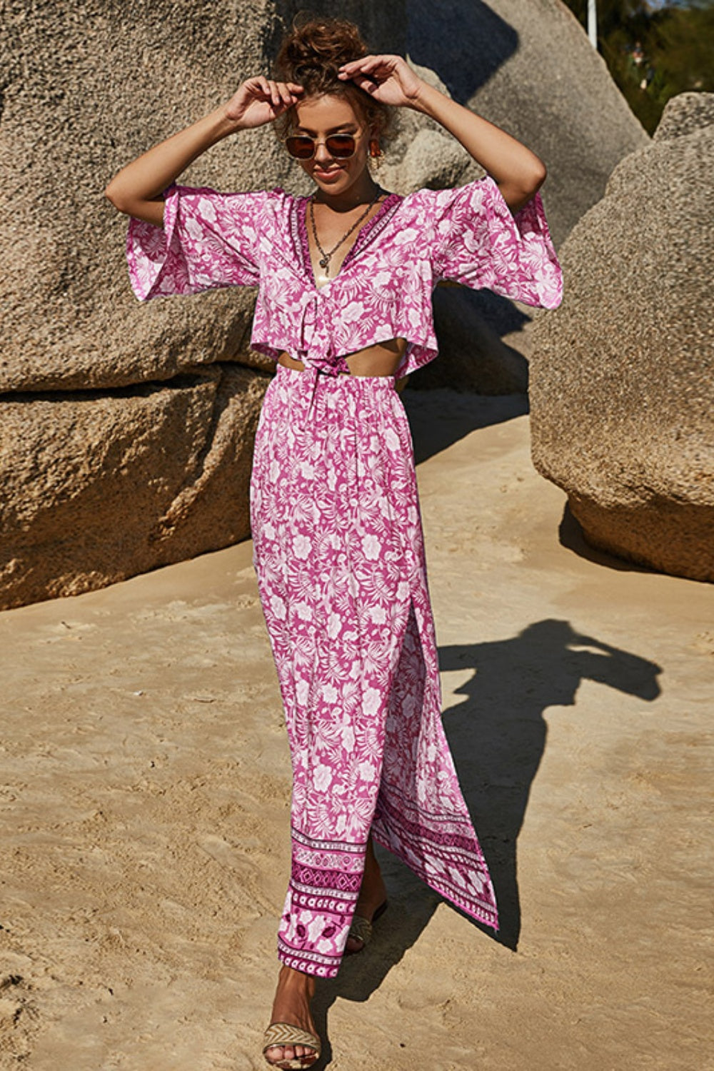 Aquiline Printed Half Sleeve Top and Slit Skirt Set