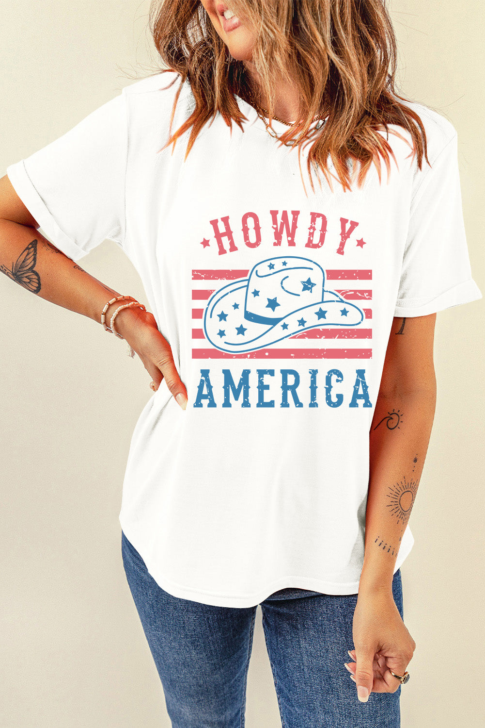 HOWDY America Graphic Round Neck Short Sleeve T-Shirt