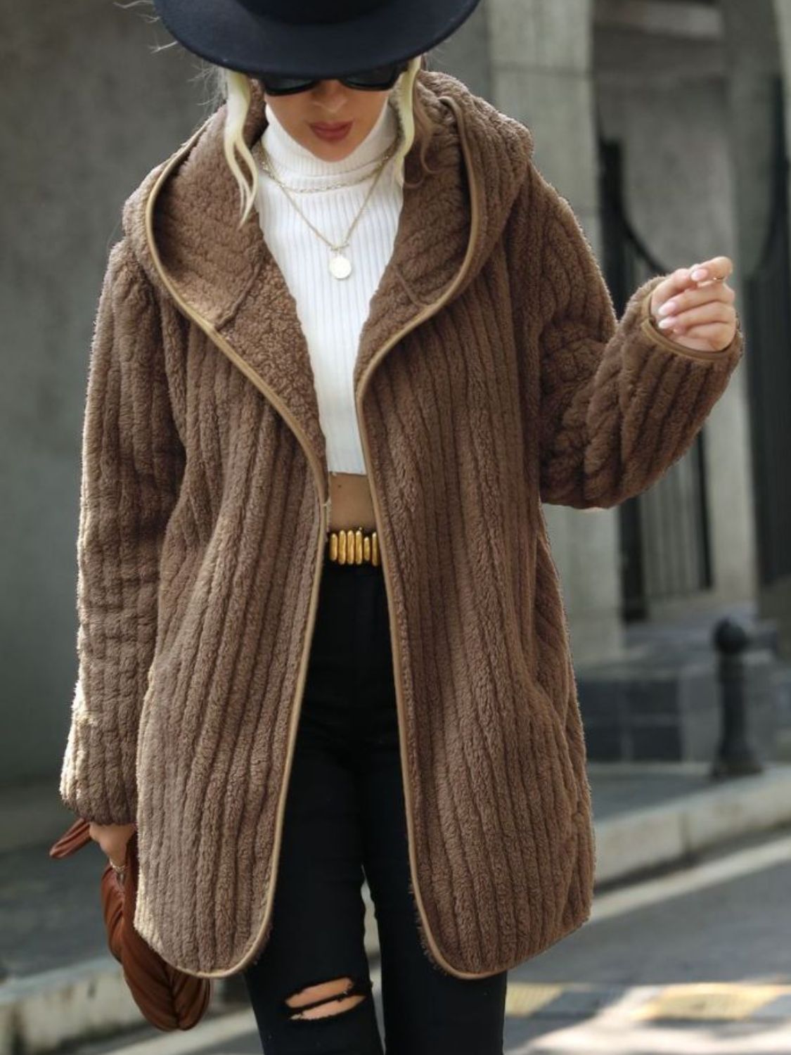 Corduroy Tracks ⛷️ Open Front Ribbed Hooded Coat