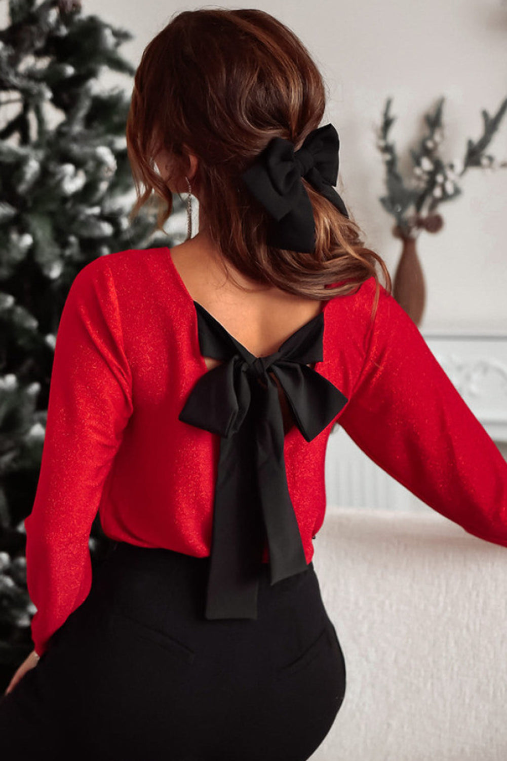 Mr. Claus Bowknot V-Neck Long Sleeve Blouse