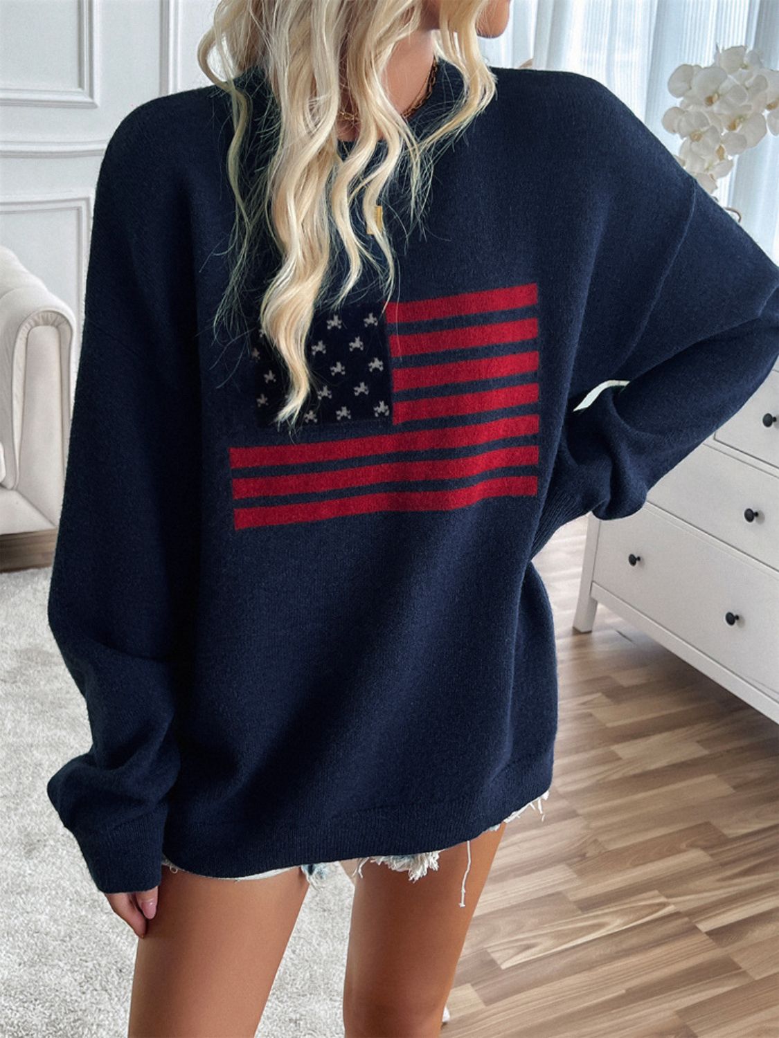 🇺🇸Devin US Flag Round Neck Long Sleeve Knit Top