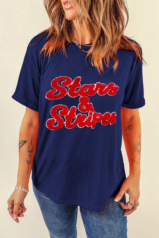 Stars and Stripes Patriotic Letter Round Neck Short Sleeve T-Shirt