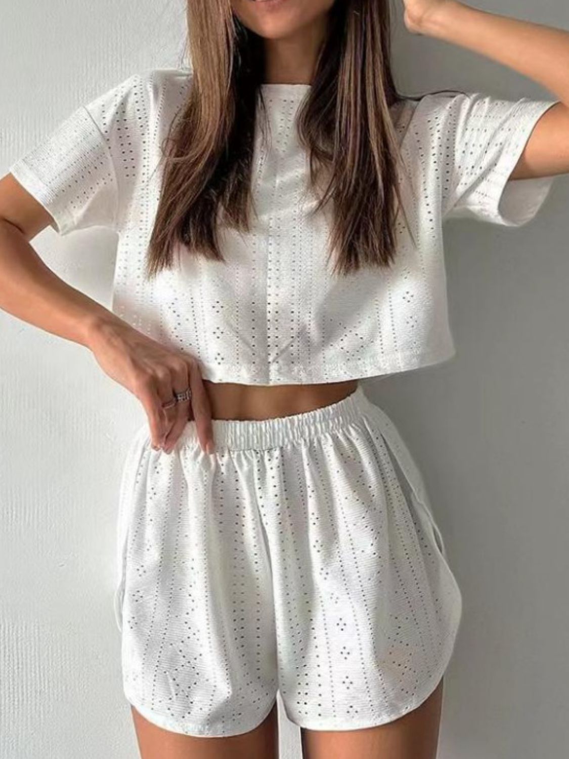 Isla Eyelet Round Neck Top and Shorts Set