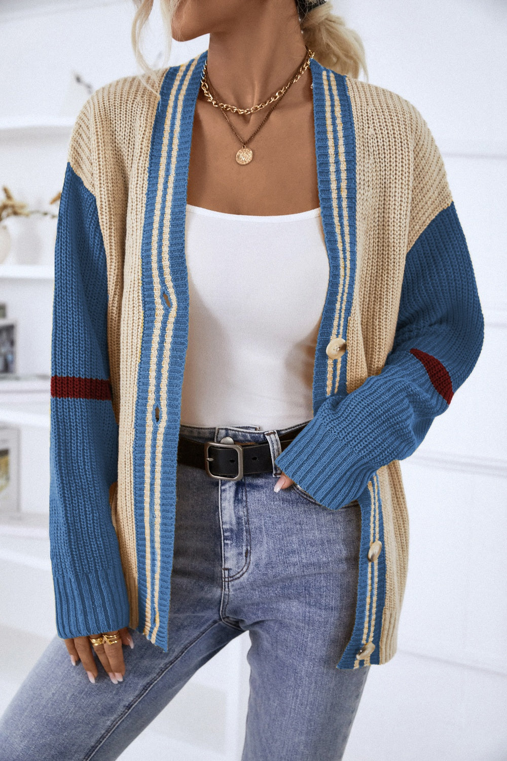 Toni Contrast Button Up Dropped Shoulder Cardigan