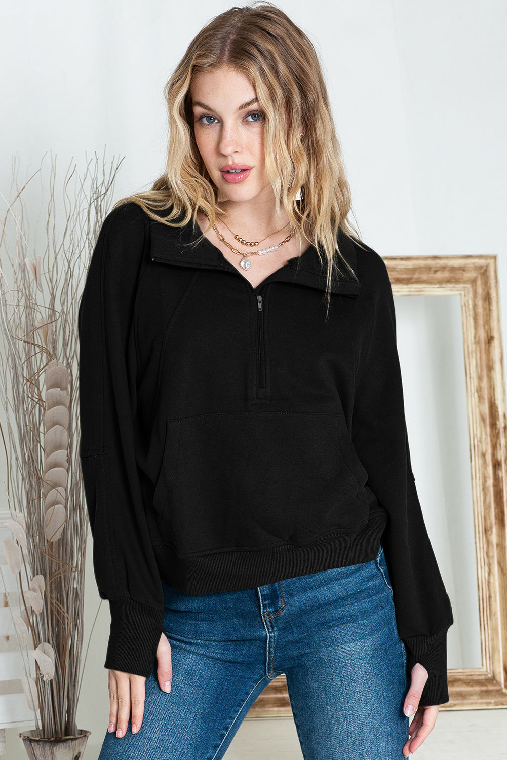 Monica Zip Up Stand Collar Thumbhole Sleeve Sweatshirt