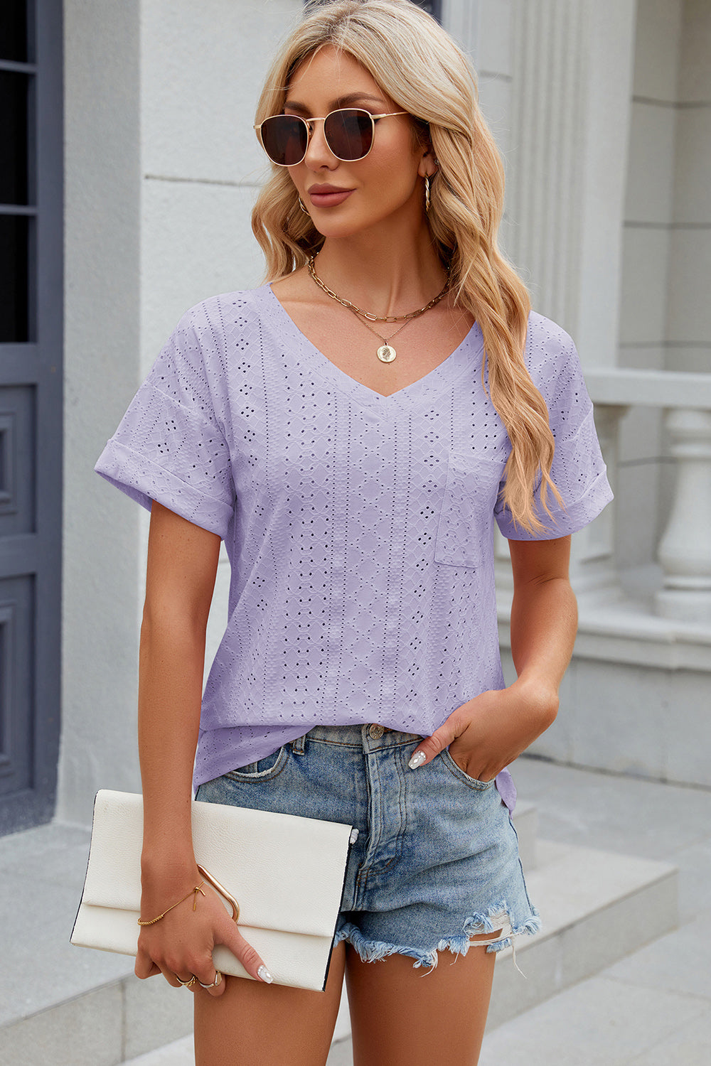 Eisley Eyelet V-Neck Short Sleeve T-Shirt