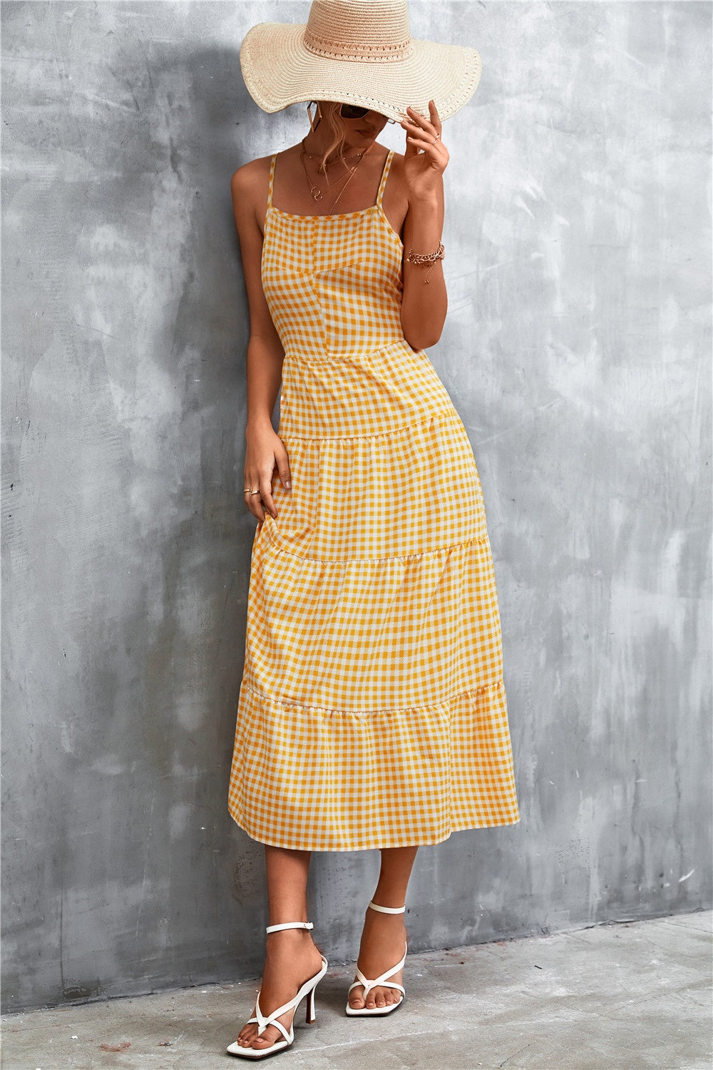 Not Just Any Picnic Plaid Square Neck Midi Cami Dress