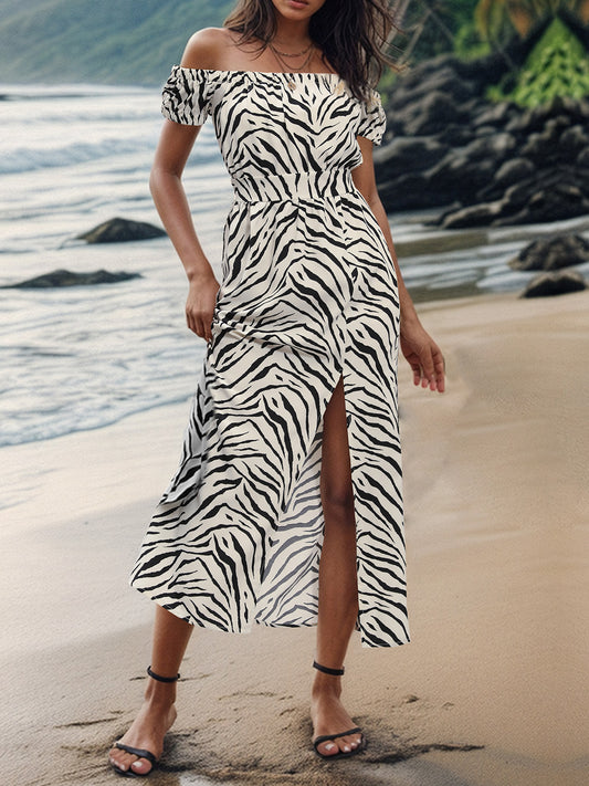 Tigress Slit Animal Print Off-Shoulder Midi Dress
