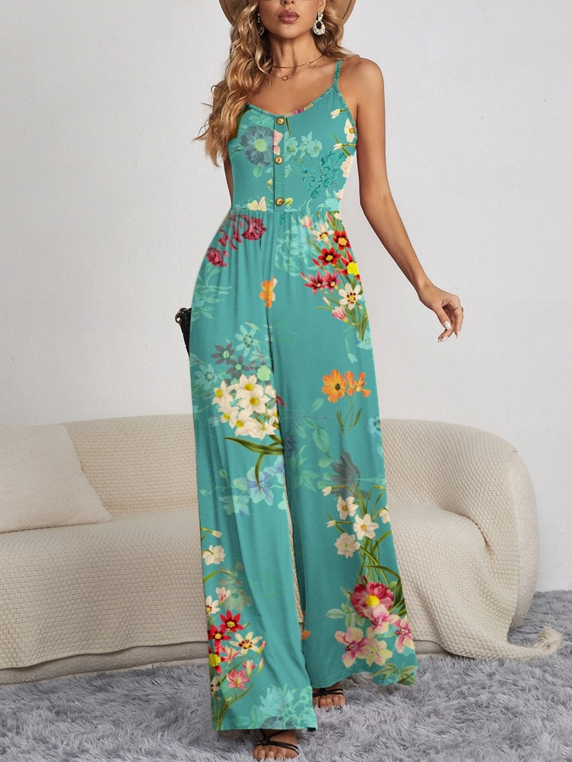 Dalila Decorative Button Spaghetti Strap Wide Leg Jumpsuit
