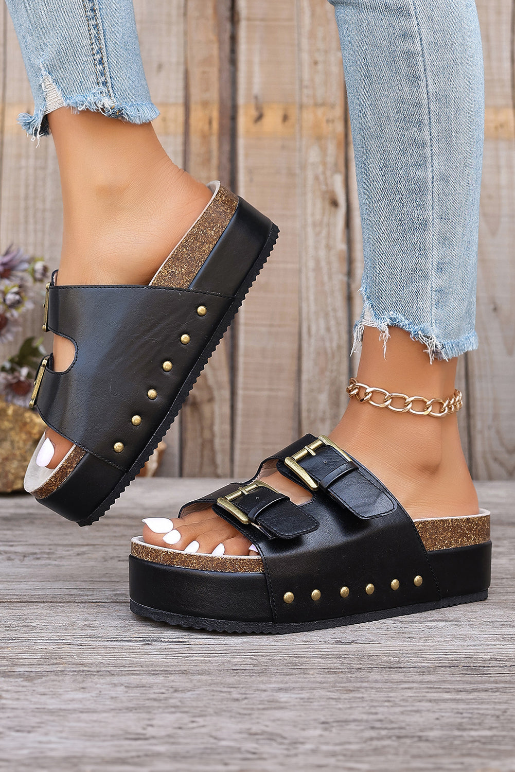Chattanooga Chestnut Dual Buckle Studded Vintage Platform Sandals