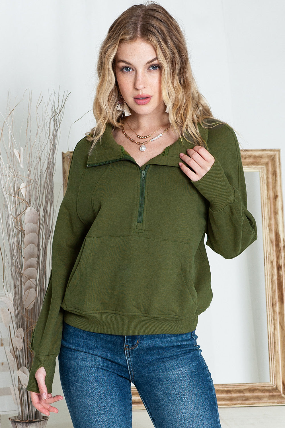 Monica Zip Up Stand Collar Thumbhole Sleeve Sweatshirt