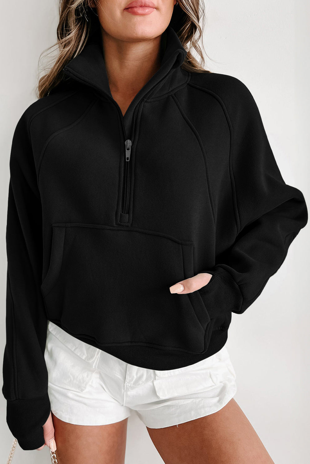 Monica Zip Up Stand Collar Thumbhole Sleeve Sweatshirt