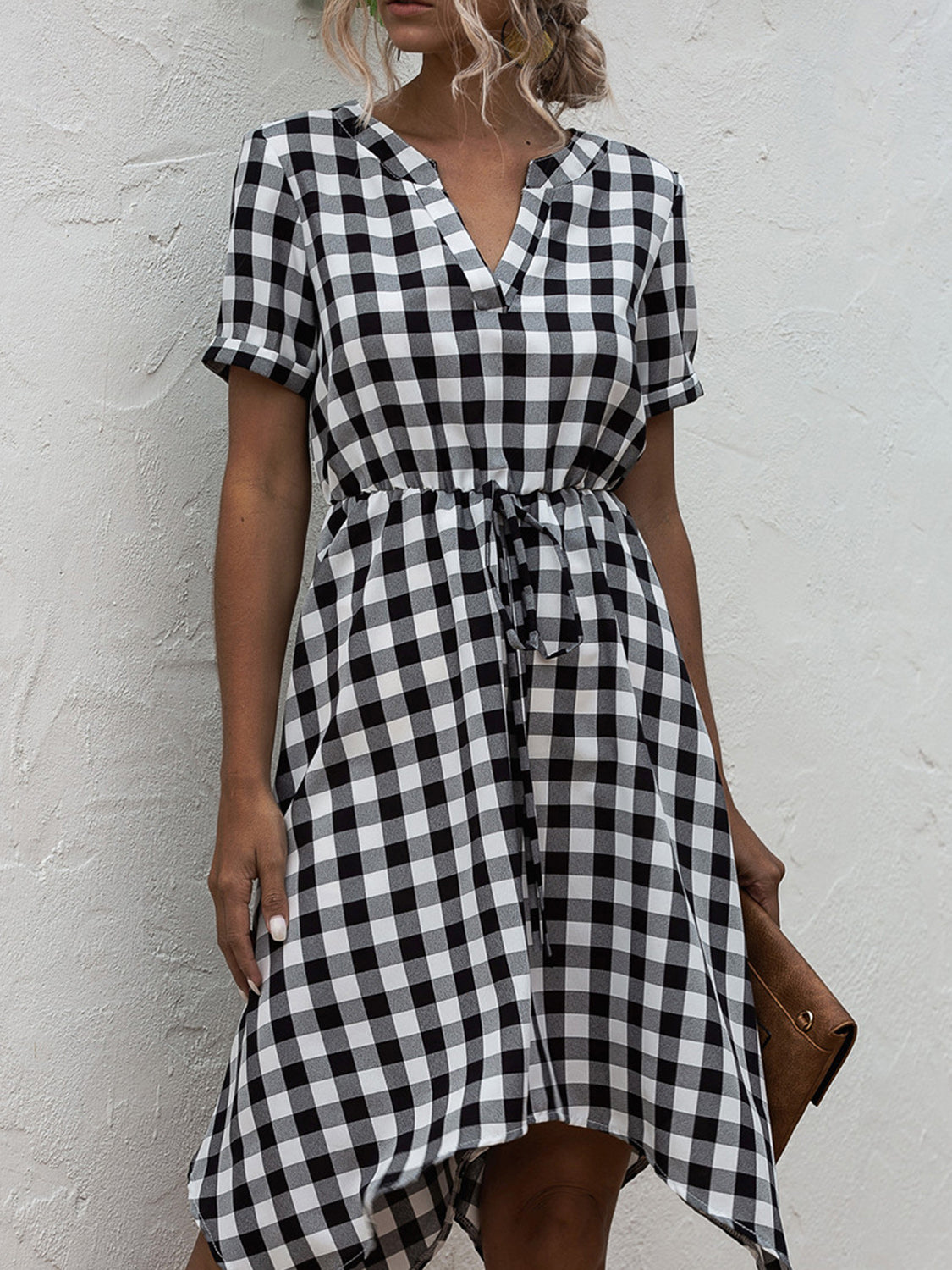 Sandwich Short Of a Picnic Plaid Notched Short Sleeve Dress