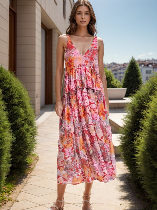 Dahlia Tiered Printed V-Neck Sleeveless Dress