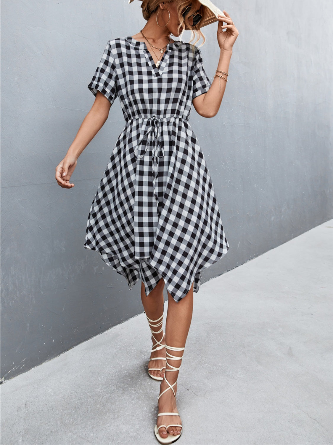 Sandwich Short Of a Picnic Plaid Notched Short Sleeve Dress