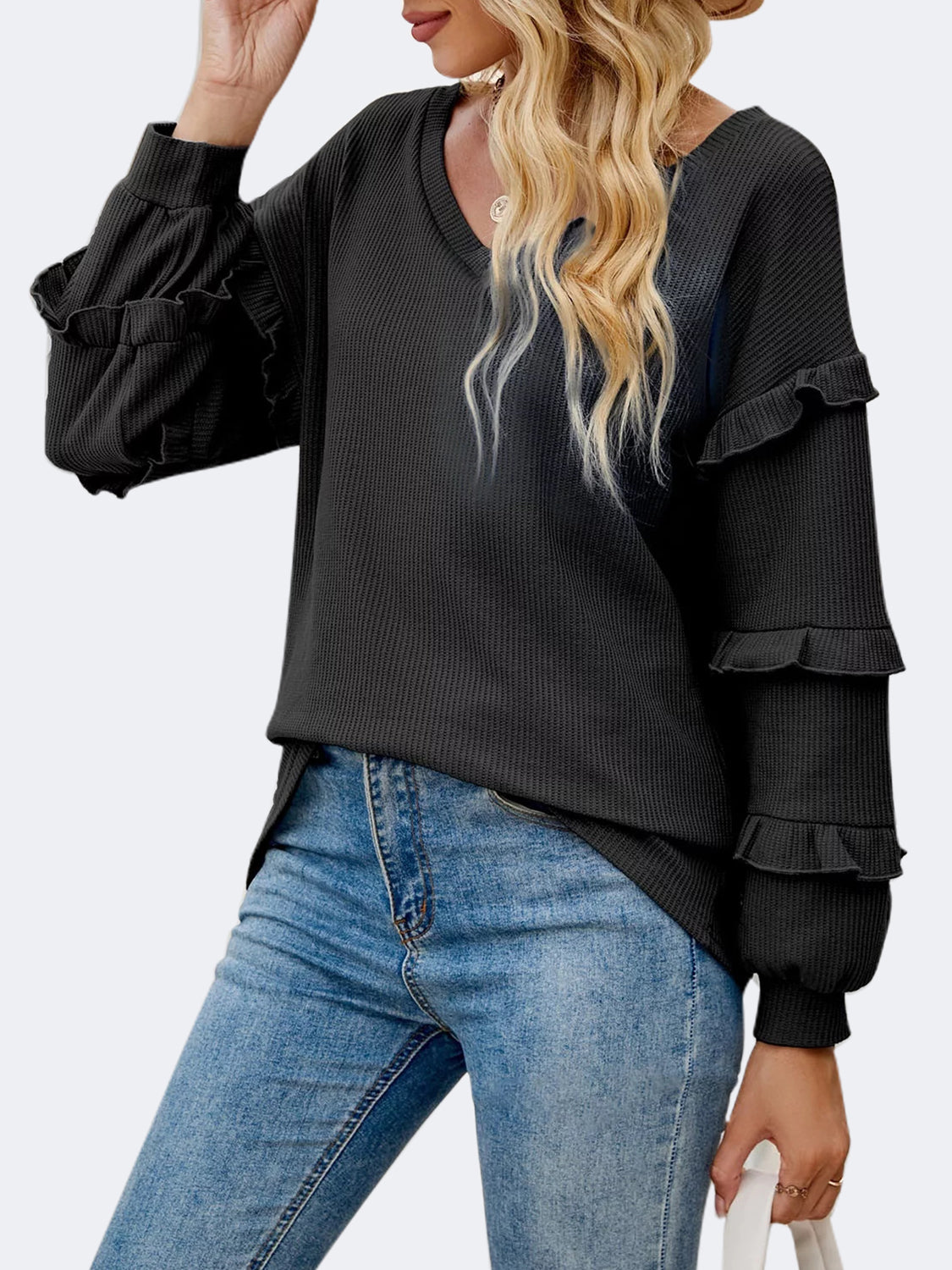 Roberta Ruffled V-Neck Long Sleeve T-Shirt