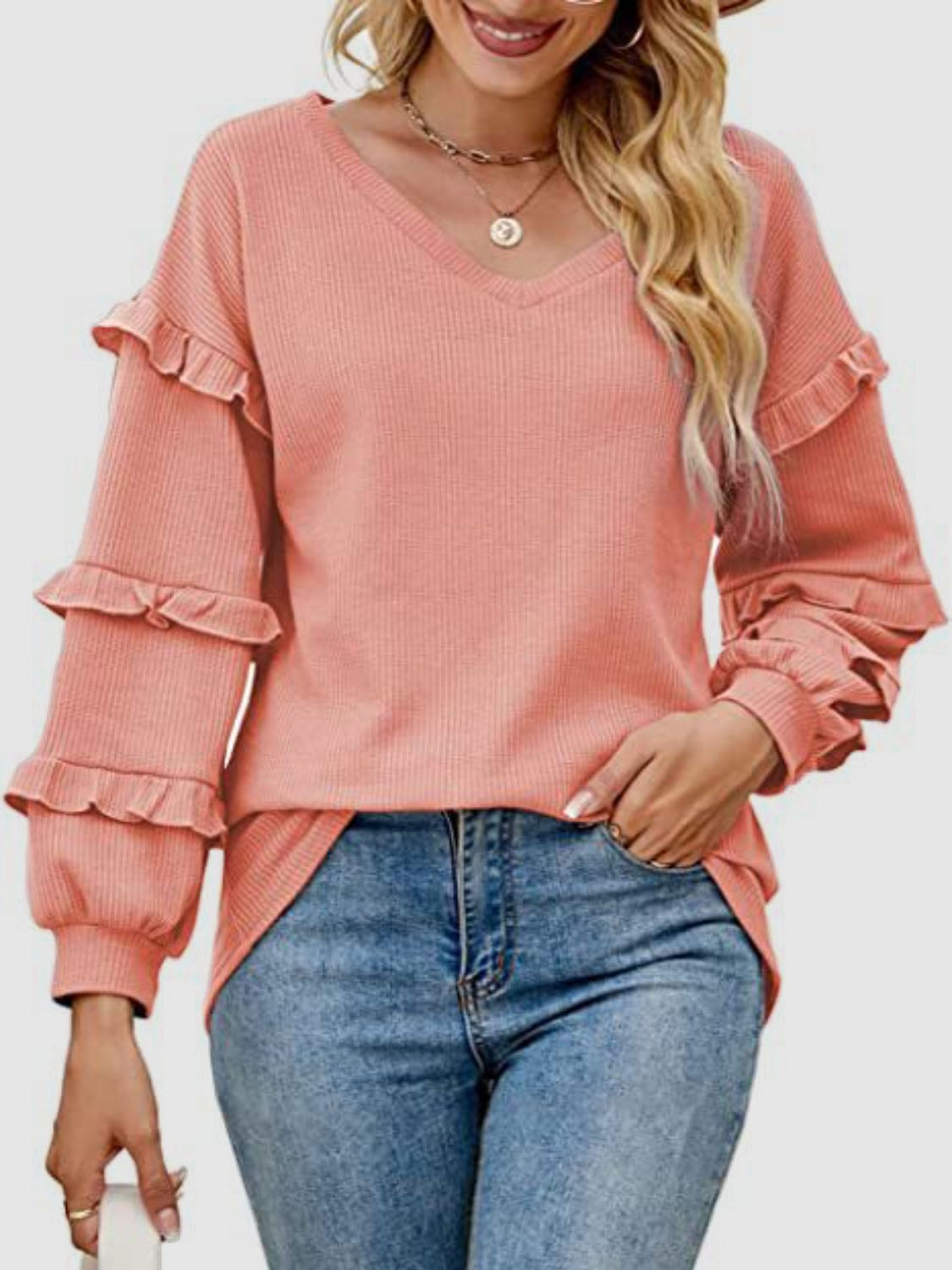Roberta Ruffled V-Neck Long Sleeve T-Shirt