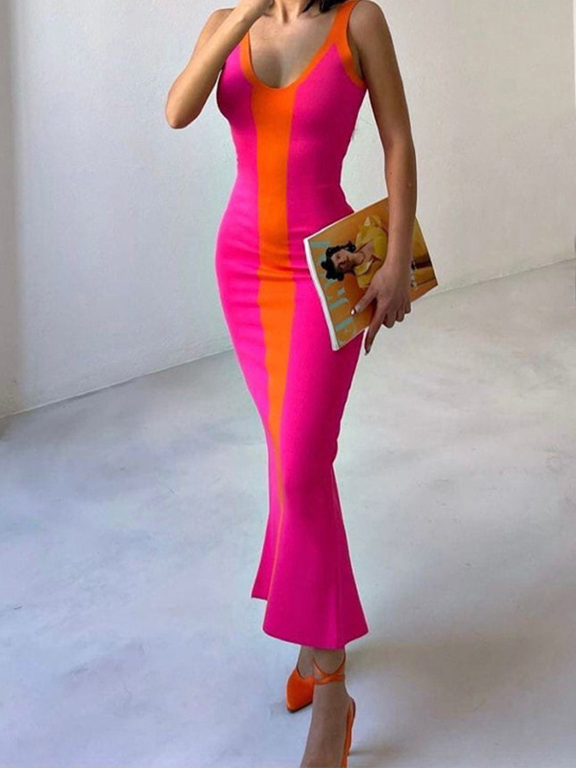 Coco Contrast Wide Strap Slit Midi Dress