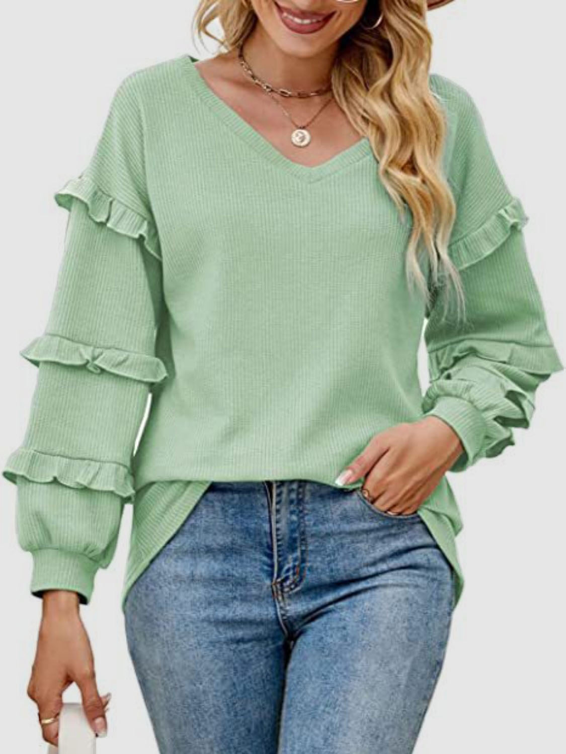 Roberta Ruffled V-Neck Long Sleeve T-Shirt