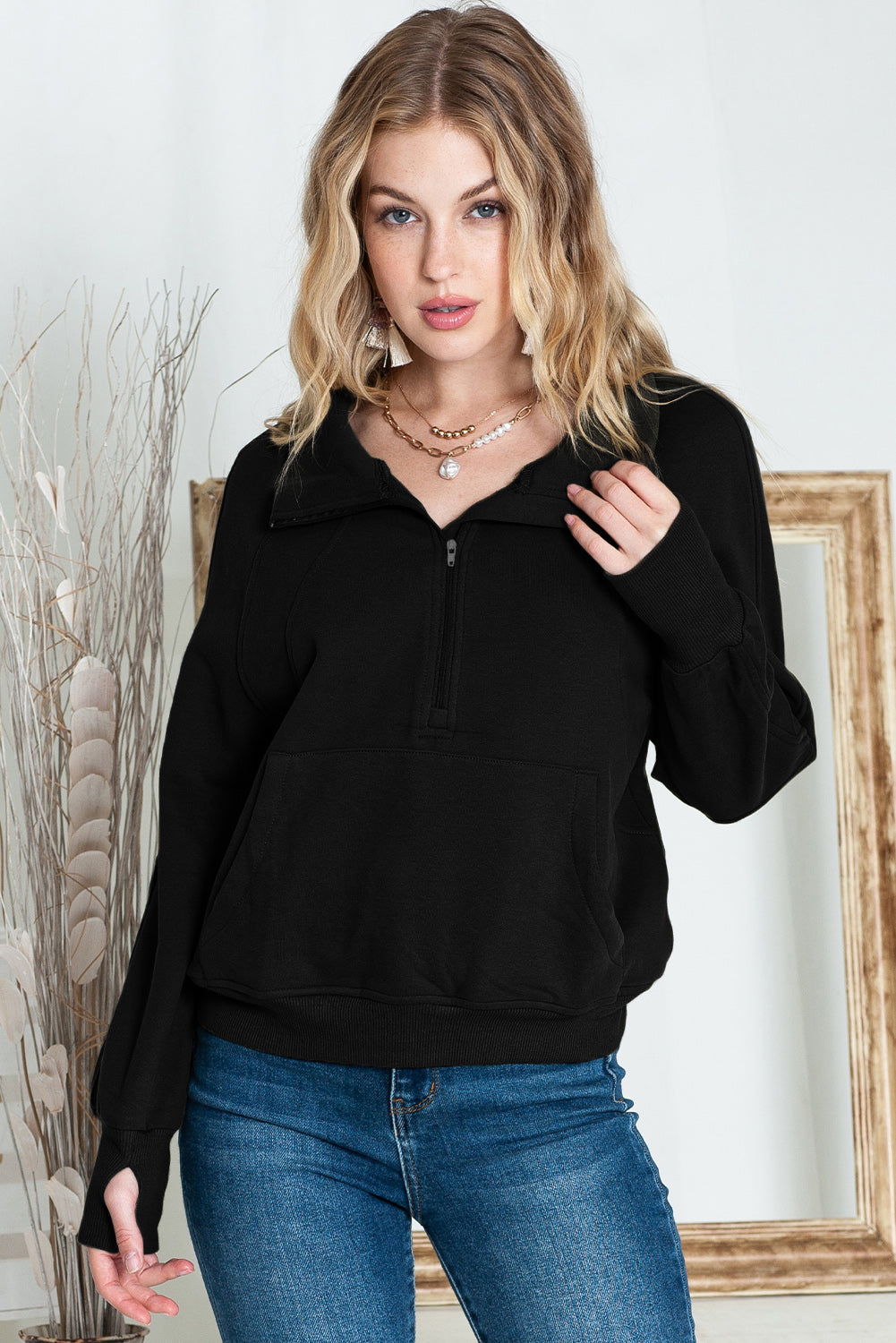 Monica Zip Up Stand Collar Thumbhole Sleeve Sweatshirt