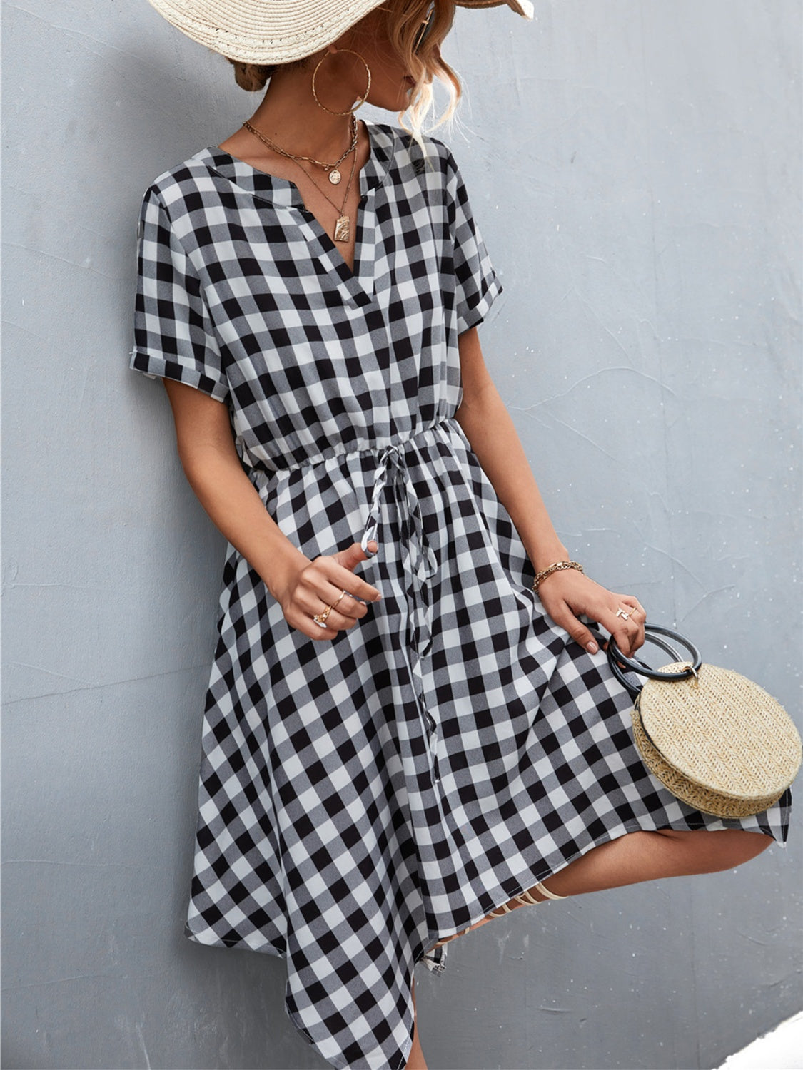 Sandwich Short Of a Picnic Plaid Notched Short Sleeve Dress