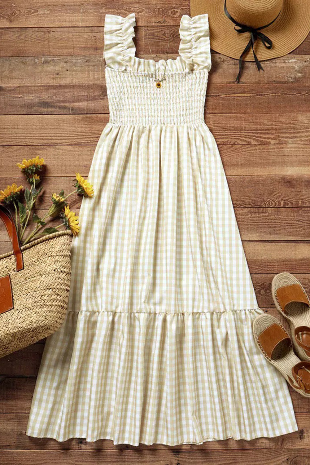 Kaylee Khaki Plaid Ruffled Sleeveless Smocked Maxi Dress