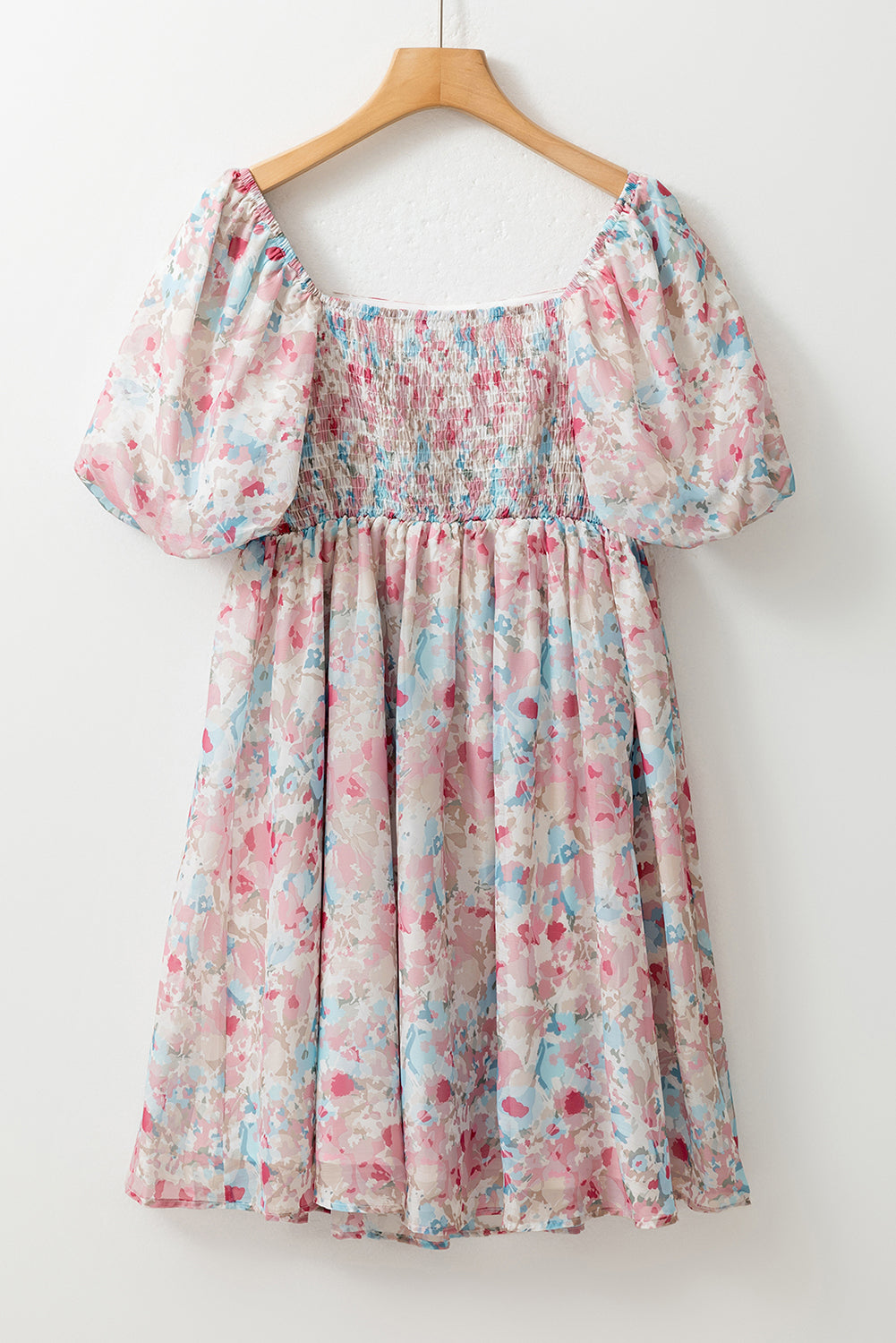 Serena Pink Floral Puff Sleeve Square Neck Smock Ruffled Dress