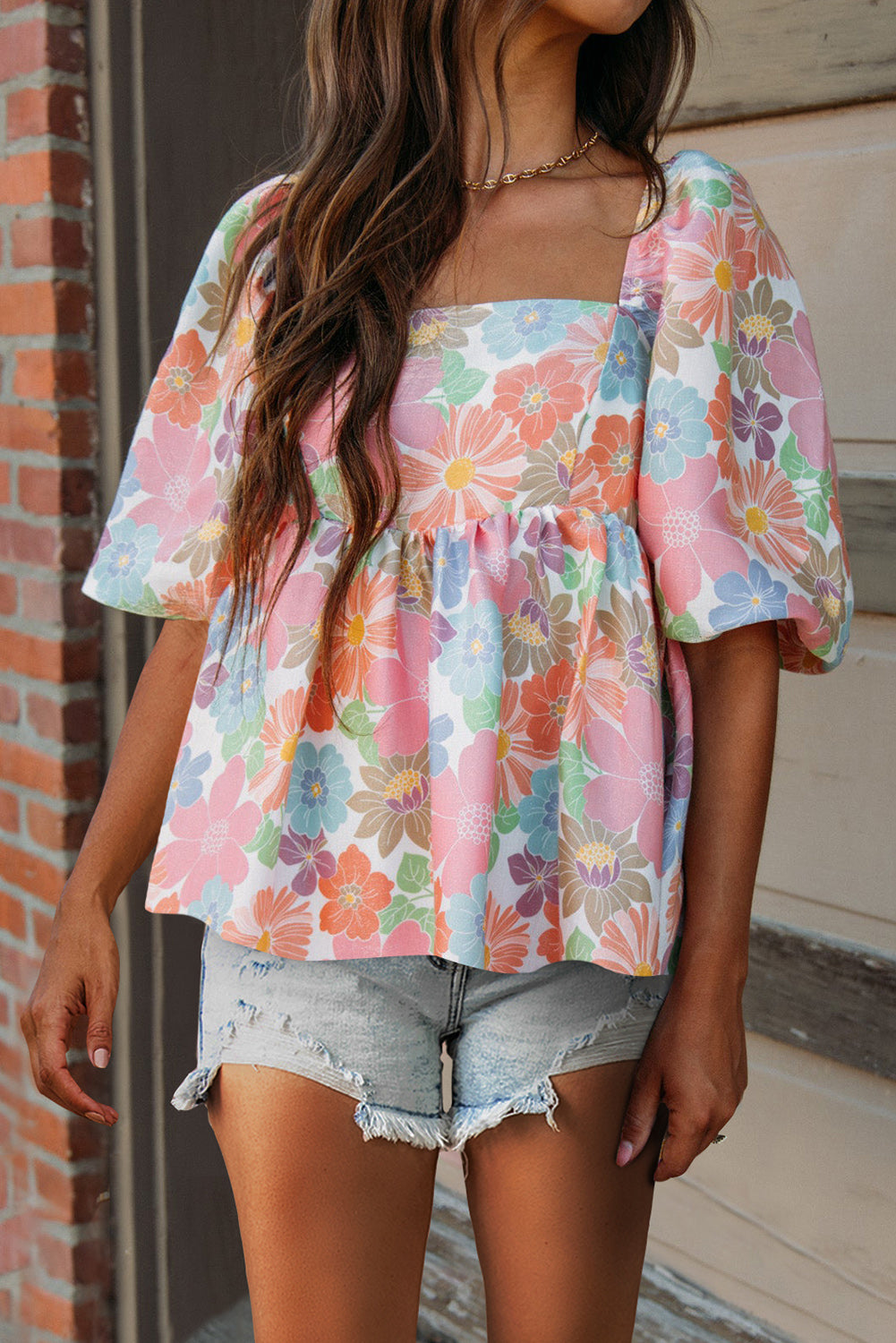Dahlia Printed Square Neck Half Sleeve Blouse