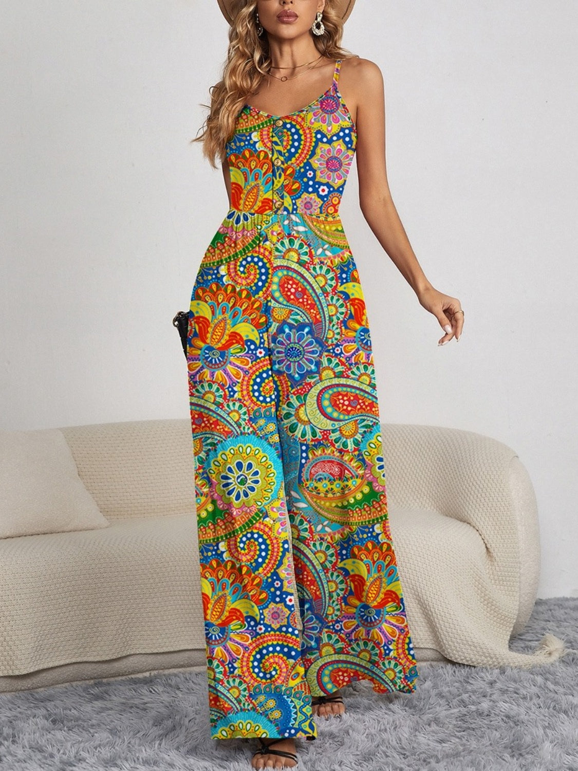 Dalila Decorative Button Spaghetti Strap Wide Leg Jumpsuit