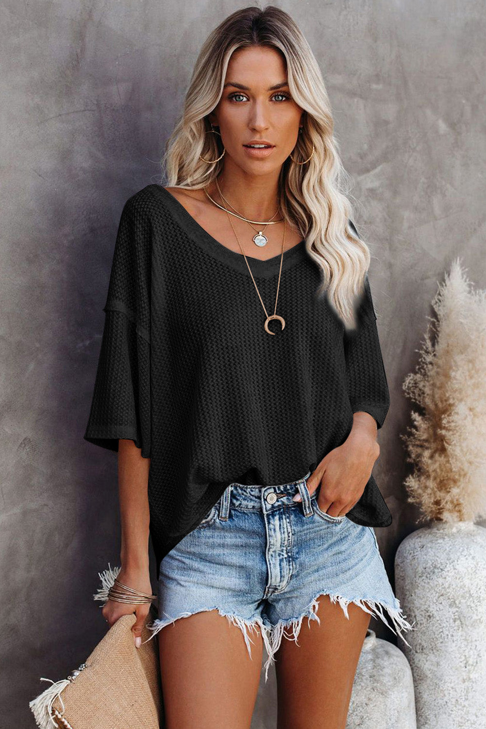 Whilemina White Waffle Knit Casual Drop Shoulder Loose Top