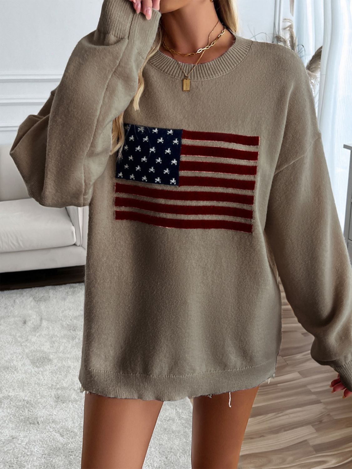 🇺🇸Devin US Flag Round Neck Long Sleeve Knit Top