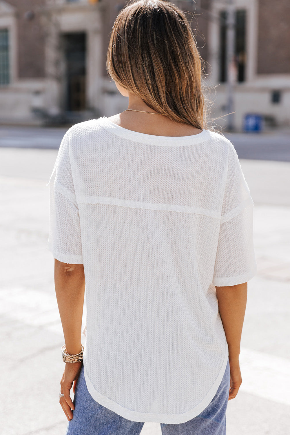 Whilemina White Waffle Knit Casual Drop Shoulder Loose Top