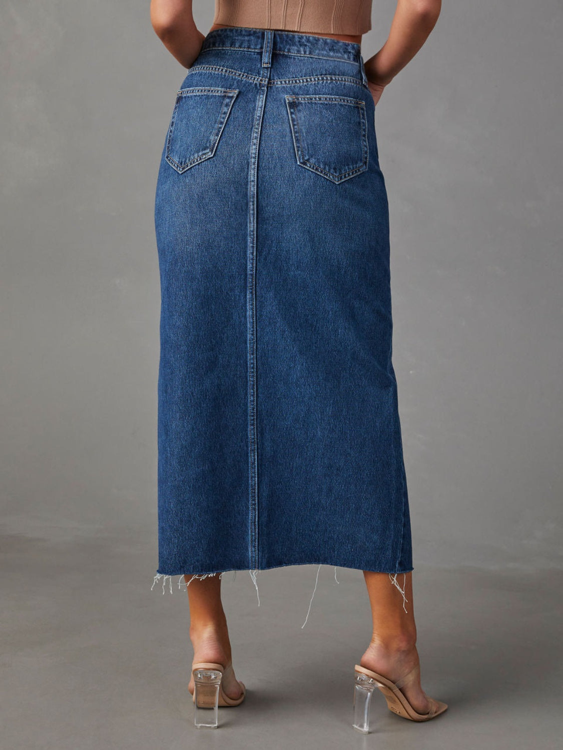 Sultry Slit Raw Hem Midi Denim Skirt