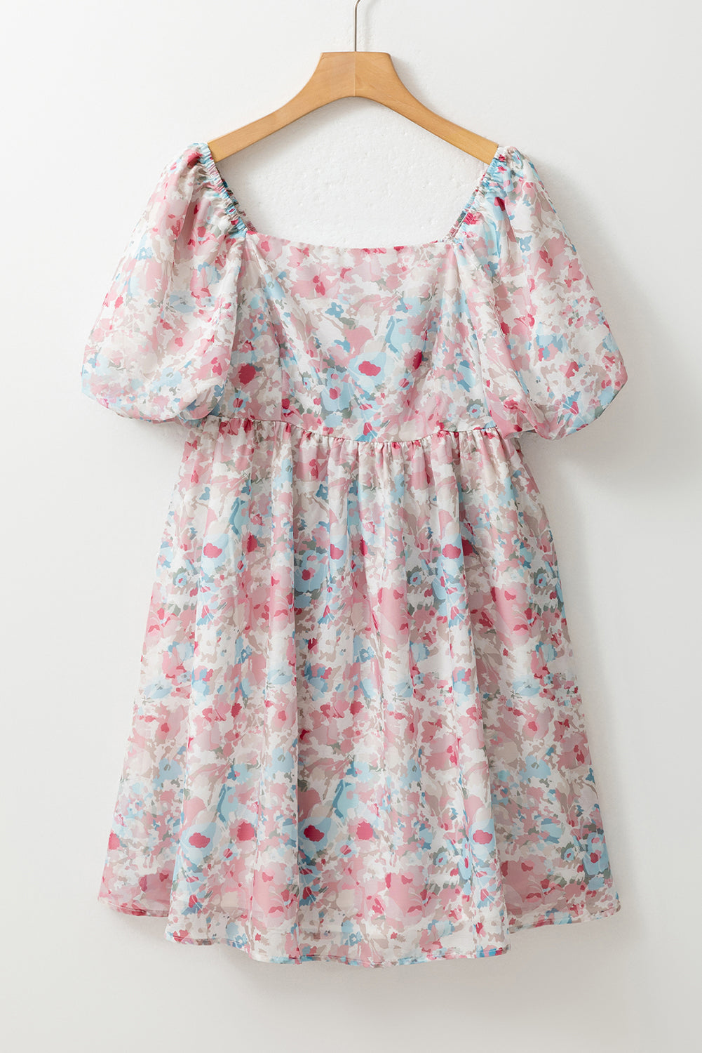Serena Pink Floral Puff Sleeve Square Neck Smock Ruffled Dress