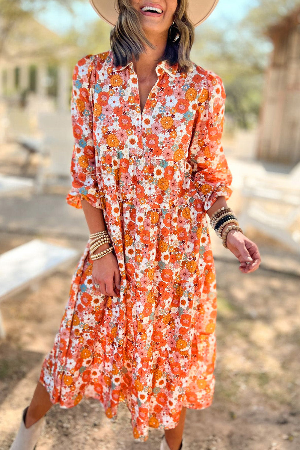 Yoko Ono Yellow Boho Floral Collared Long Sleeve Dress