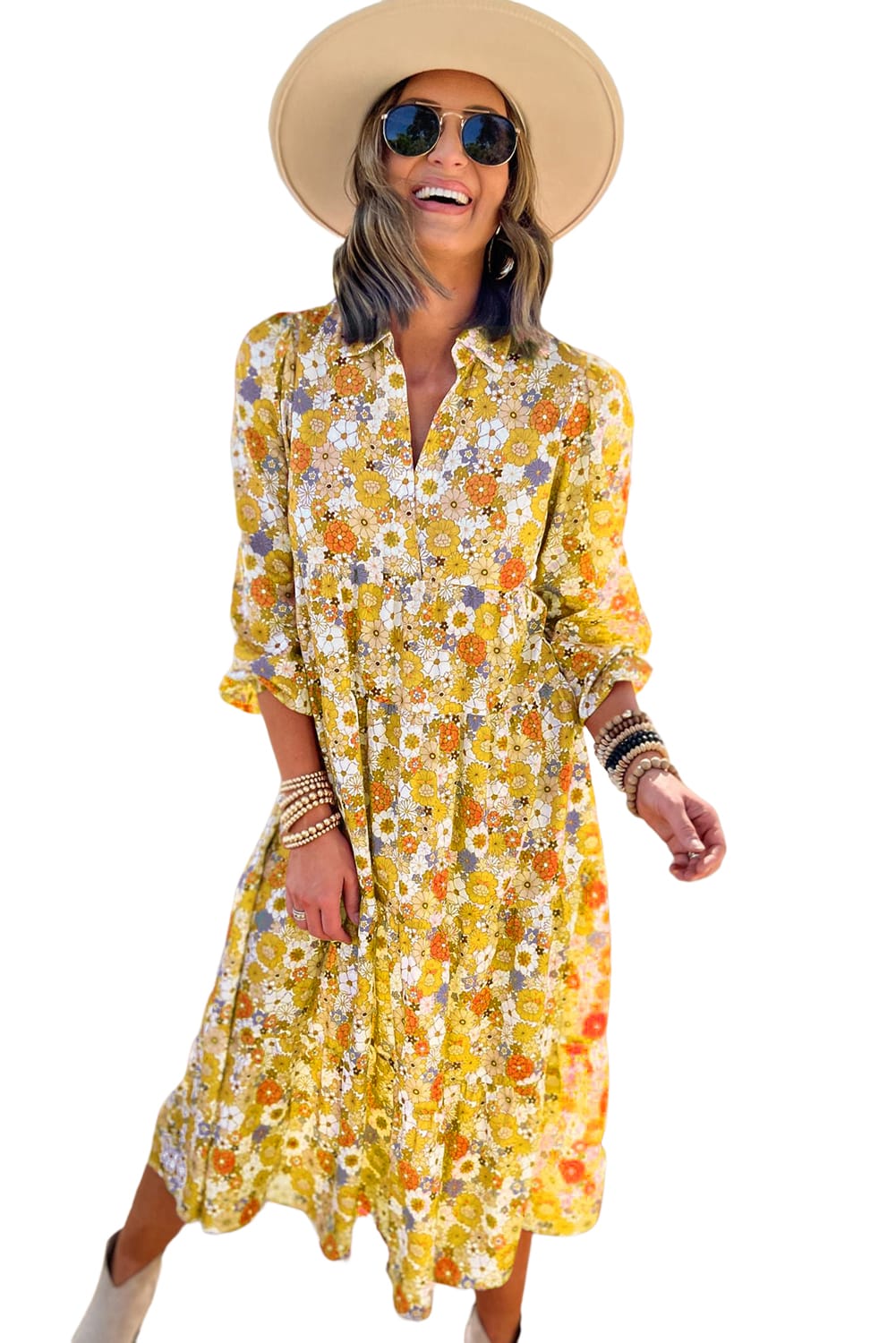 Yoko Ono Yellow Boho Floral Collared Long Sleeve Dress