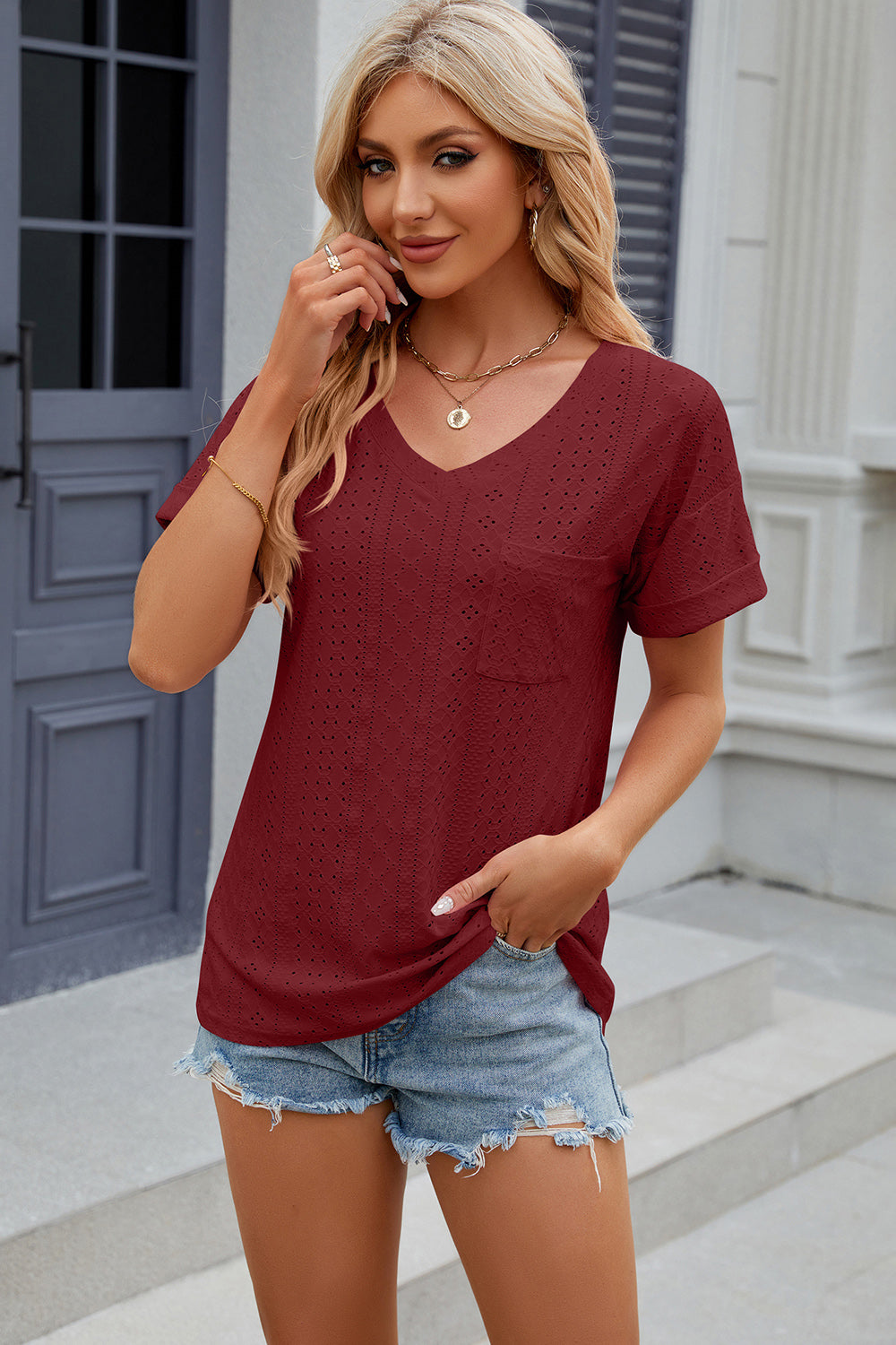 Eisley Eyelet V-Neck Short Sleeve T-Shirt