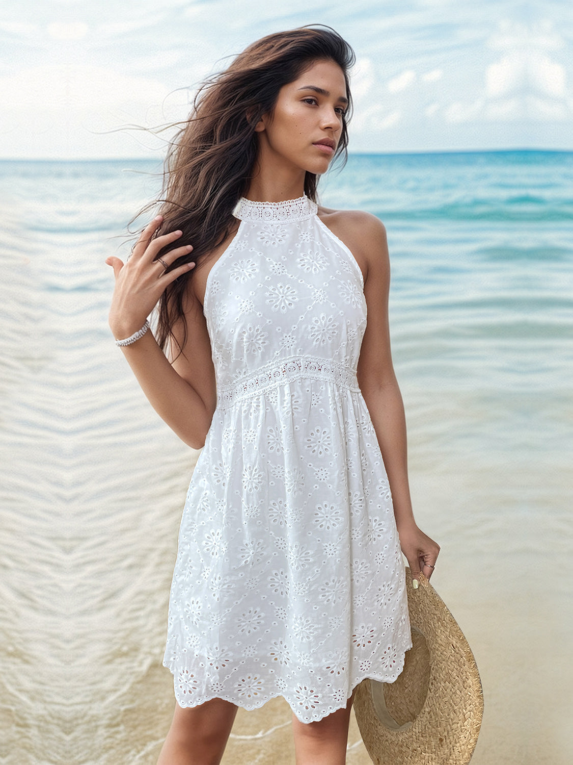 Ellie Eyelet Grecian Neck Mini Dress